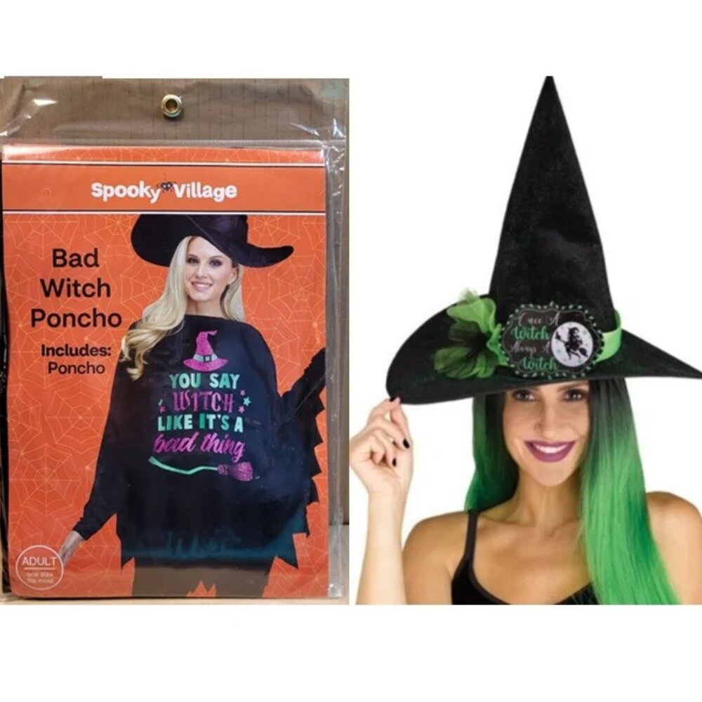 Easy, Funny 2-Piece Witch Costume. Hat and Poncho included! Halloween Costume